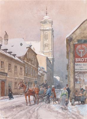 A street scene of old Vienna with a Maronibrater (chestnut vendor) and a horse-drawn carriage by 
																			Franz Kopallik