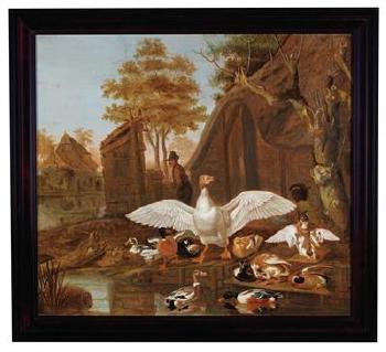 Ducks by a pond in front of a farmstead by 
																			Dirck Wyntrack