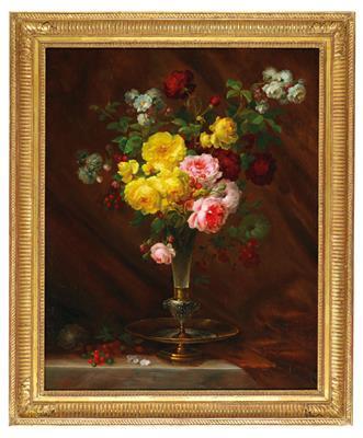 Large flower piece with Roses in a vase by 
																			Andre Perrachon