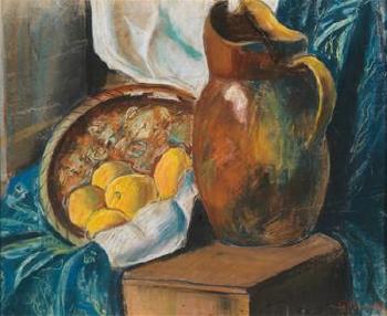 Still life with jug and bowl of fruit by 
																			Genia Minache