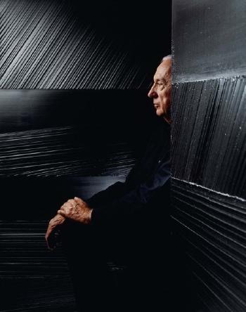 Portrait du peintre Pierre Soulages posant au milieu de ses œuvres. 8 octobre 1992 by 
																	Hubert Fanthomme