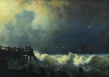 Stormy sea landscape with figures on a pier by 
																	Carl Saltzmann