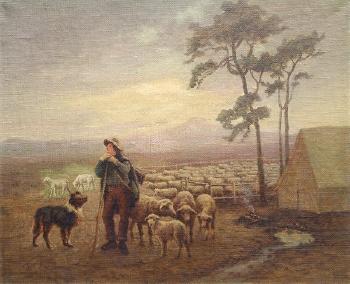 Shepherd with sheep and dog by 
																			Carl Christian Dahlgren
