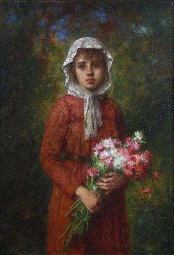 Girl in a field holding flowers by 
																			Alexis Harlamoff