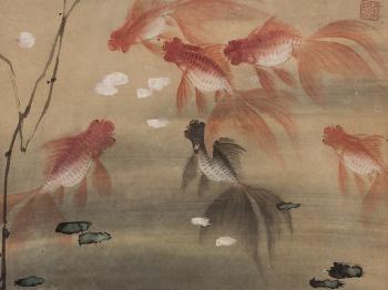 A pair of Horses under a willow tree; Goldfishes in a pond and blooming wisteria branches by 
																			 Zeng Muling