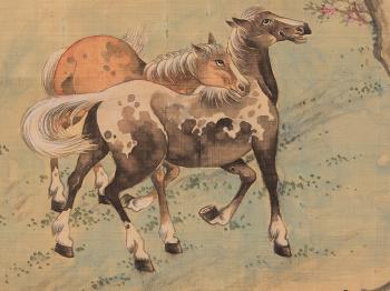 A pair of Horses under a willow tree; Goldfishes in a pond and blooming wisteria branches by 
																			 Zeng Muling