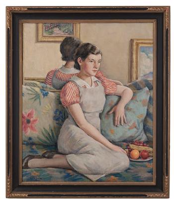 Young girl seated on a floral sofa by 
																			Harry Farlow