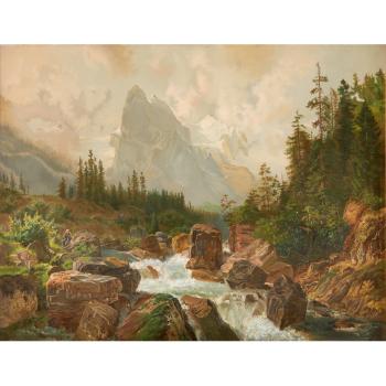 Mountain Landscape With Figure On Rock By Rushing River by 
																	Joseph Navratil