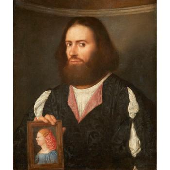 Portrait Of A Gentleman, Half-Length, Holding A Portrait Of A Lady by 
																	Giovanni de Busi Cariani