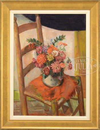 Vase of flowers on chair by 
																	Bernard Karfiol