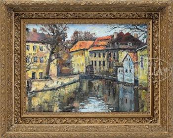 Village along the canal; Red roofs by 
																			Pavel Alexandrovitch Radimov