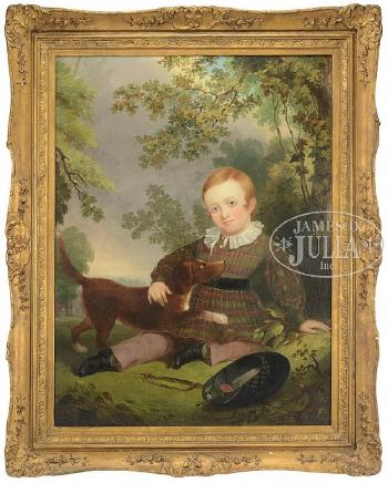 Portrait of a boy in plaid jacket with his dog by 
																	James Cafferty