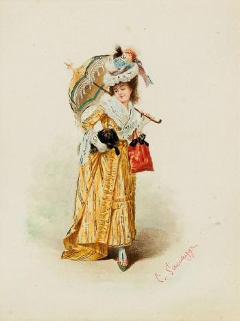 Fanciulla parigina con ombrello e cagnolino by 
																	Cesare Saccaggi