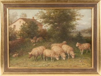 Sheep in pasture by 
																			George Riecke