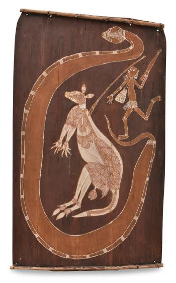 Mimi hunter spearing a rock kangaroo and a rock python by 
																	Lofty Nabarrayal Nadjamerrek