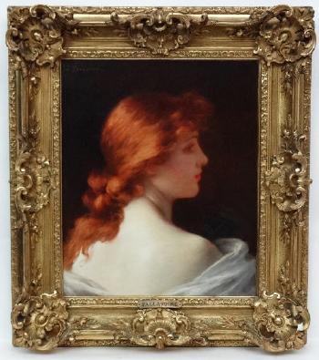 Head and Shoulders of an auburn haired lady holding a fan by 
																	Jules Frederic Ballavoine