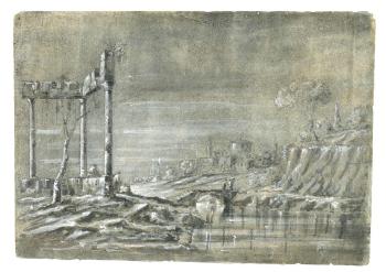 Veduta con rovine presso un corso d’acqua e viandanti by 
																	 Maestro del Ricciolo