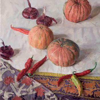 Still Life with Pumpkins, Red Chillies and Onions by 
																	Sergei Svetlakov