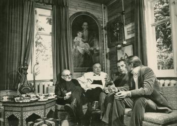 Bulat Okudzhava, Andrei Voznesensky, Robert Rozhdestvensky and Yevgeny Yevtushenko at the Dacha in Peredelkino by 
																	Dmitri Baltermants