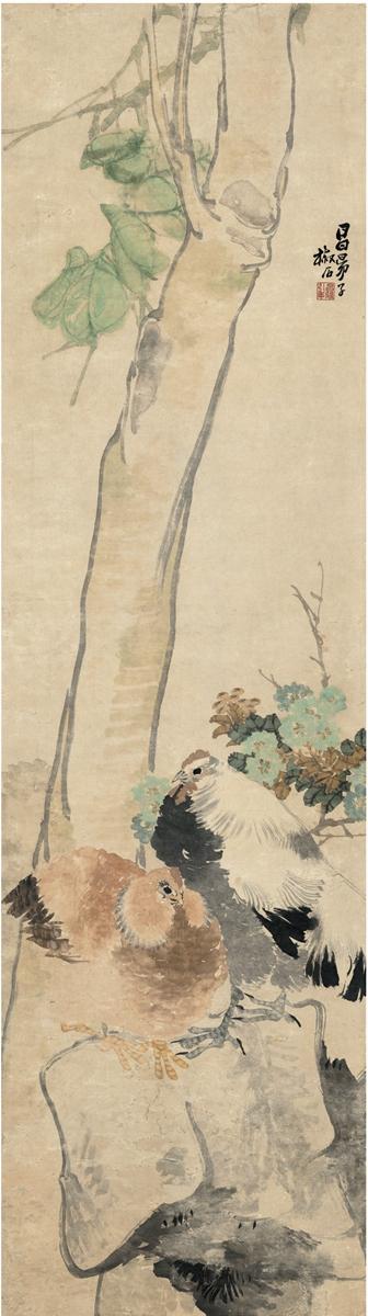 Chickens on rock under a tree by 
																	 Pan Lan