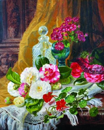 Still life of flowers on a sideboard, with a glass and decanter by 
																			Thomas Worsey