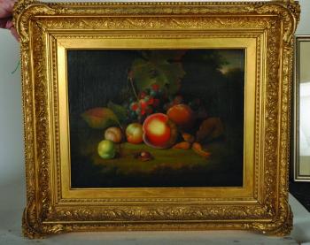 Still life of fruit and nuts, with a bee on a leaf by 
																			William Jones of Bath
