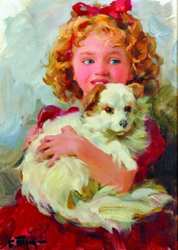 A young girl, dressed in red with a red ribbon, holding a dog on her lap by 
																			Boris Trofimenko