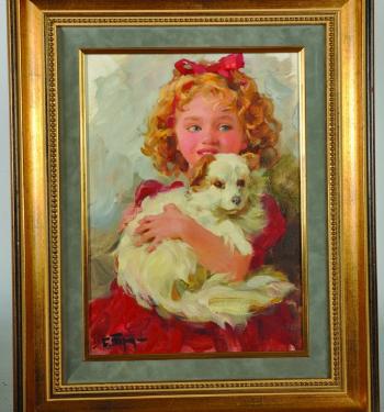 A young girl, dressed in red with a red ribbon, holding a dog on her lap by 
																			Boris Trofimenko