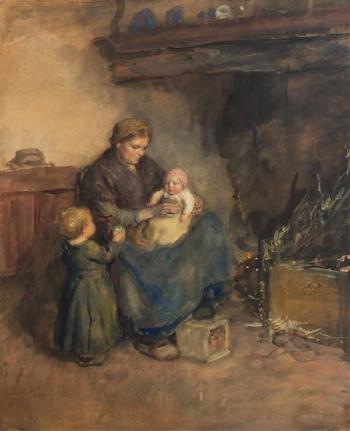 Mother with Children by Fireplace by 
																	Albert Neuhuys