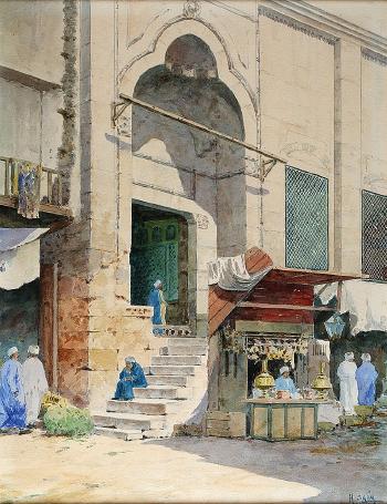 Merchants and pedestrians in front of the mosque by 
																	Hasan Saim