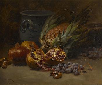 A still life with pomegranates and pineapple by 
																	Henri Saintin