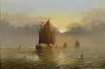 A brig on the high seas; Sailing ships in the harbor at twilight (a pair) by 
																			Thomas Lucop