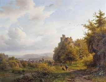 A Rheinish landscape with a ruin by 
																	Alexander Joseph Daiwaille