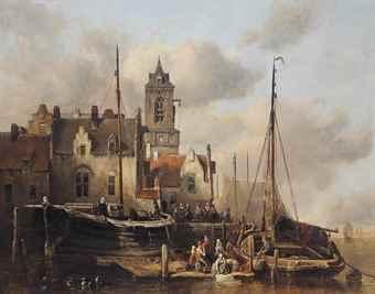 A busy quay in a Dutch town by 
																	Antonie Waldorp