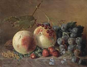 Peaches, grapes, wild strawberries, red and white currants, forget-me-nots and a walnut on a marble ledge by 
																	Adriana van Ravenswaay