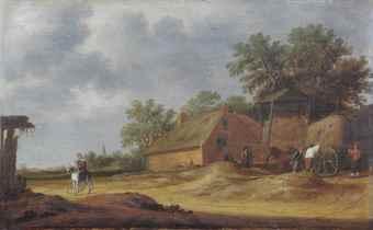 A dune landscape with farmers unloading a hay wagon near a farm house, a horseman on a sandy path to the left by 
																	Pieter de Neyn