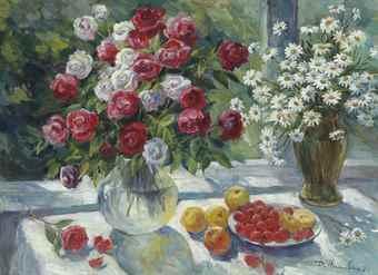 Still life with roses and daisies by 
																	Dmitri A Nalbandian