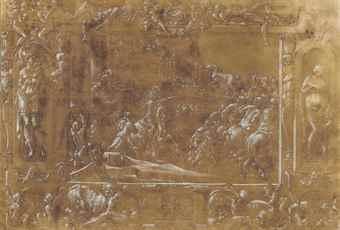 Design for a wall decoration: the Trojans bringing the wooden horse into their city walls, will ornamental borders including Venus and Mars by 
																	Francesco Primaticcio