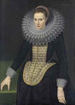 Portrait of a lady, three-quarter-length, in a black vlieger brocade gown, with an elongated embroidered stomacher, lace-trimmed cuffs and a cartwheel ruff trimmed with reticella lace by 
																	Cornelis van der Voort