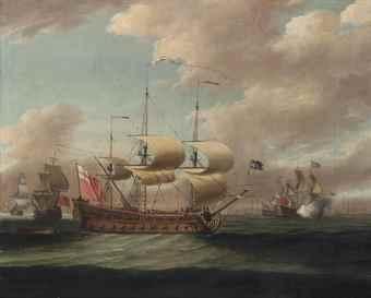 A Royal Navy 4th rate arriving at the anchorage, with the fleet announcing her arrival beyond by 
																	Isaac Sailmaker