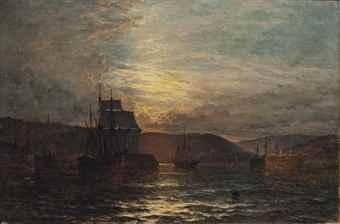 A screw steamer and other vessels moored by a harbour wall, a prison hulk beyond by 
																	Henry Thomas Dawson