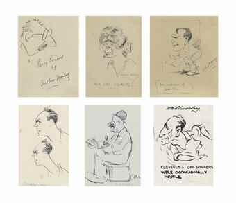 Eight original caricatures in pen-and-ink (unless otherwise stated) by 
																	Arthur Mailey