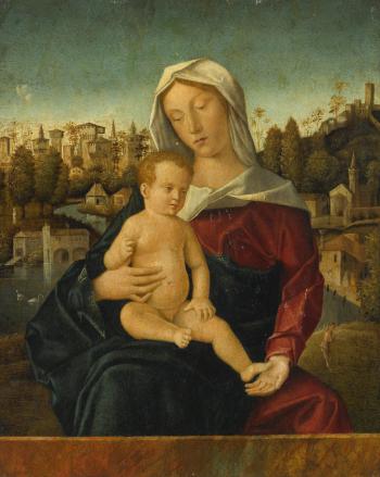 The Madonna and child, seated behind a ledge, a river landscape and a town beyond by 
																	Bartolomeo Veneto