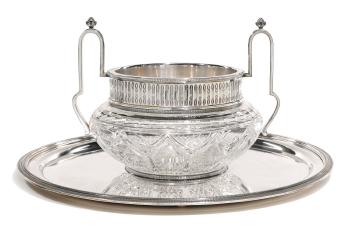 A silver and glass centrepiece bowl and tray by 
																	Carl Faberge