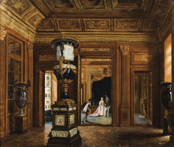 La salle Henri II du Louvre avec des personnages en costume d'époque by 
																	Lucien Przediorski