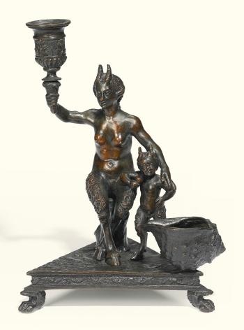 Satyress with an Infant Satyr Mounted as an Inkwell and Candle Holder by 
																	Severo Calzetta da Ravenna