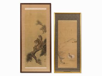 Quails in the autumn grasses with a mountain in the background by 
																			Tosa Mitsunari