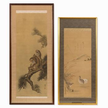 Quails in the autumn grasses with a mountain in the background by 
																			Tosa Mitsunari