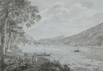 Am Comer See. Uferszene mit Spaziergängern und anlegendem Boot - Fährboote auf dem Comer See by 
																	Joseph Rebell