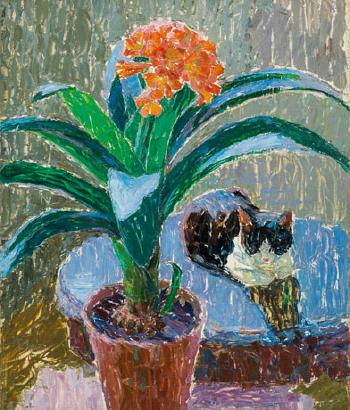 Still Life with Plant and Cat by 
																	Ella Iranyi